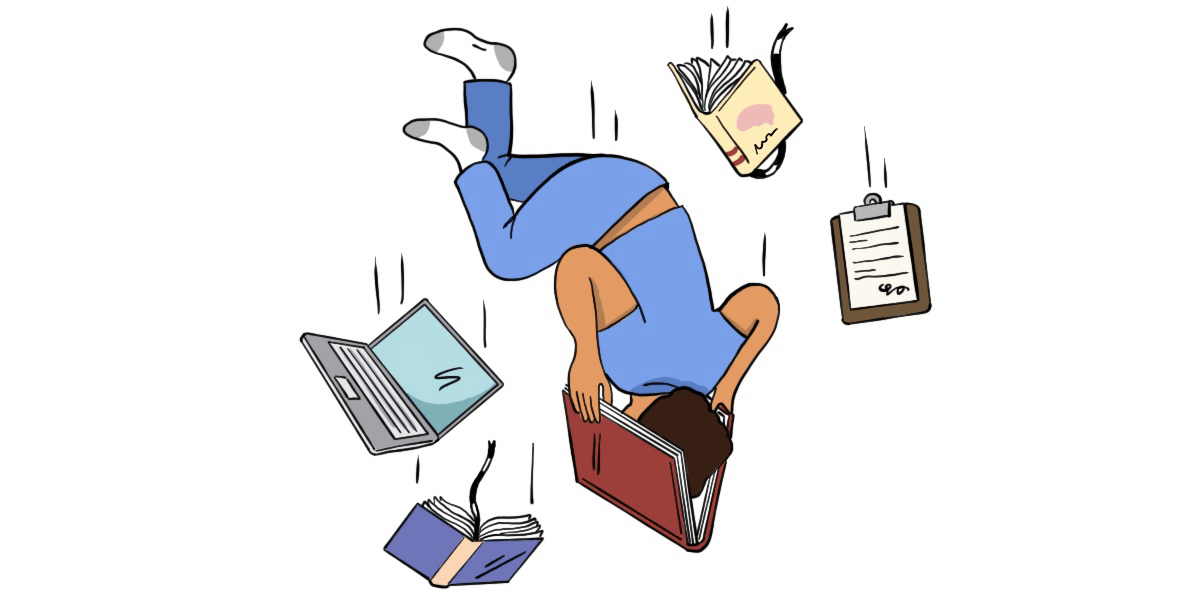 Burnout, doctor falling with laptop, books, charts