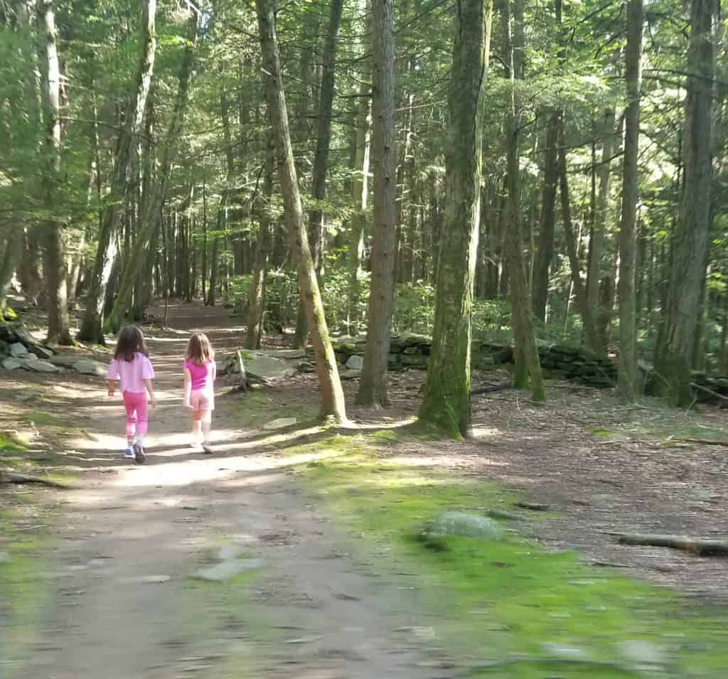 Two girls walking ahead down a path